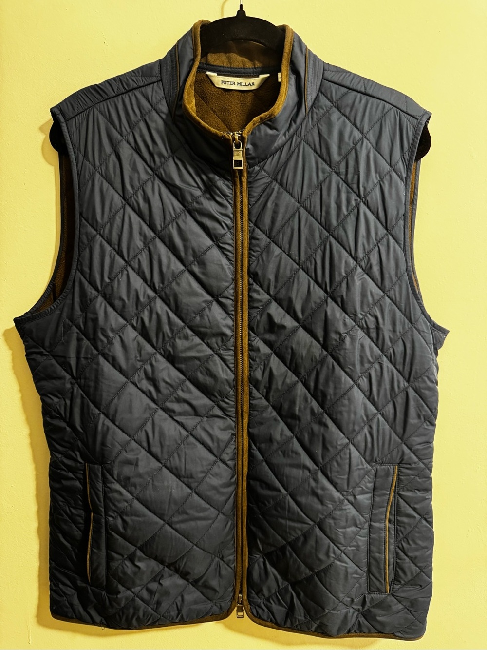 Peter Millar Quilted Navy Vest with Brown Trim